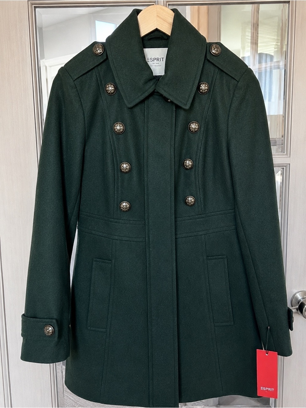NWT Esprit Hunter Green Wool Blend Pea Coat Brass Buttons Military Jacket Small - Picture 2 of 4